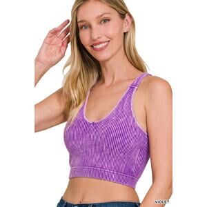 ROSLYN VIOLET WASHED RIBBED CROPPED SEAMLESS BRA PADDED TANK TOP